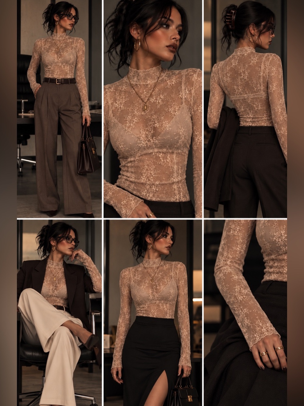 Sheer Lace Long-Sleeve Camisole Top in Beige